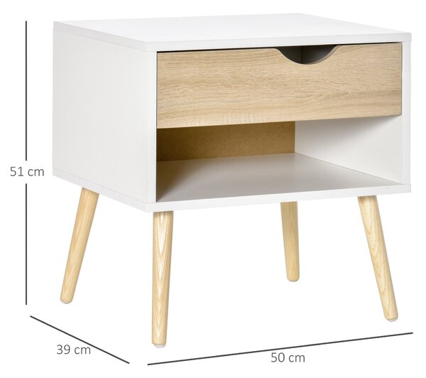 HOMCOM Set di 2 Comodini Moderni con Cassetto e Mensola, Base Rialzata e Gambe in Legno, 50x39x51cm, Bianco e Rovere|Aosom