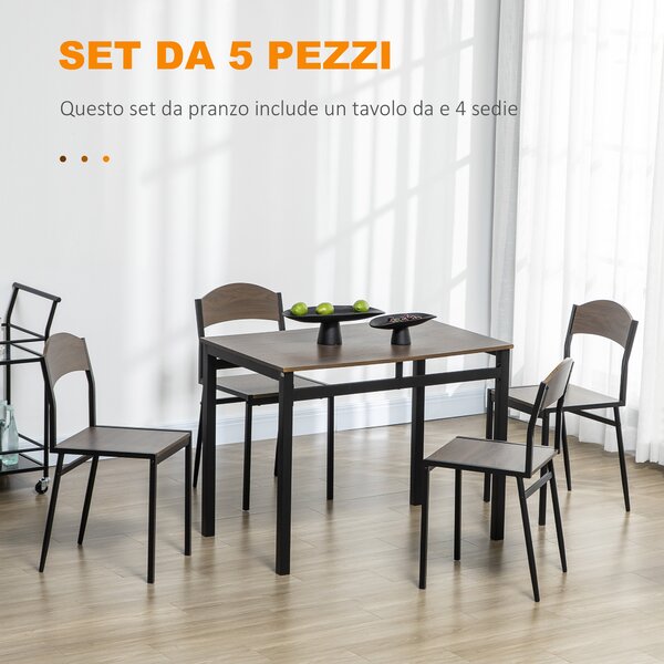 HOMCOM Set da Pranzo da 5 Pezzi con 1 Tavolo Rettangolare 100x63x76.5 cm e 4 Sedie 45x40x82 cm, in Acciaio e MDF, Nero e Rovere