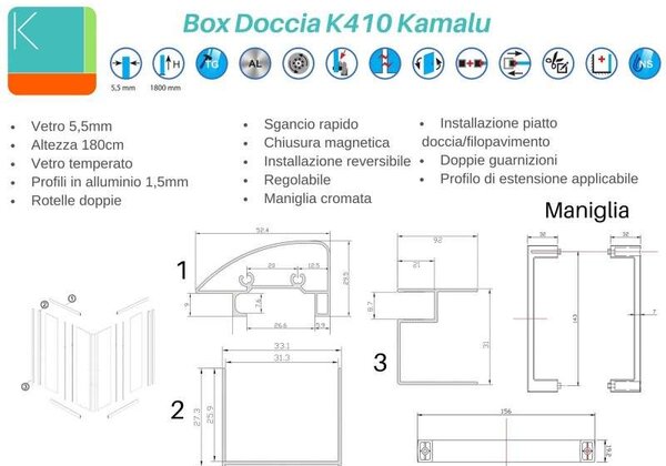 Kamalu box doccia 90x80 vetro opaco ante scorrevoli altezza 180cm k410