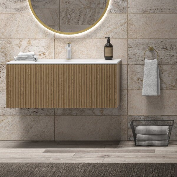 Mobile bagno sospeso 100cm rovere effetto cannettato con lavabo incasso KDS-100L - KAMALU