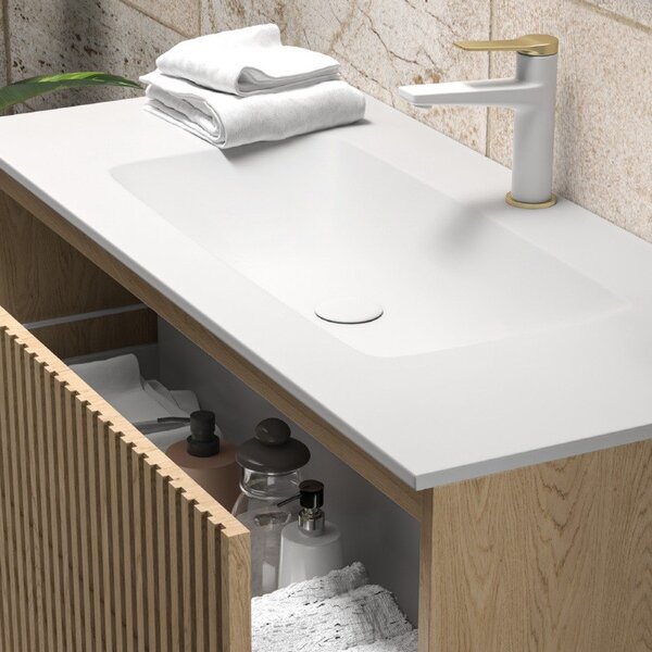 Mobile bagno sospeso 100cm rovere effetto cannettato con lavabo incasso KDS-100L - KAMALU