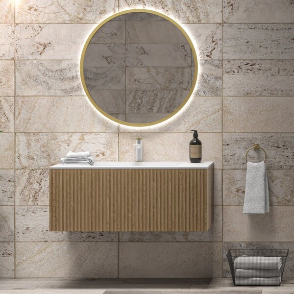 Mobile bagno sospeso 100cm rovere effetto cannettato con lavabo incasso KDS-100L - KAMALU