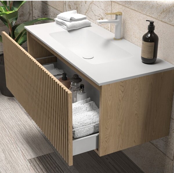 Mobile bagno sospeso 100cm rovere effetto cannettato con lavabo incasso KDS-100L - KAMALU