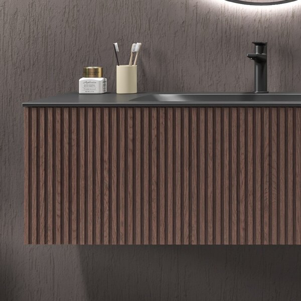 Mobile bagno sospeso 120cm rovere effetto cannettato con lavabo nero KDS-120L - KAMALU