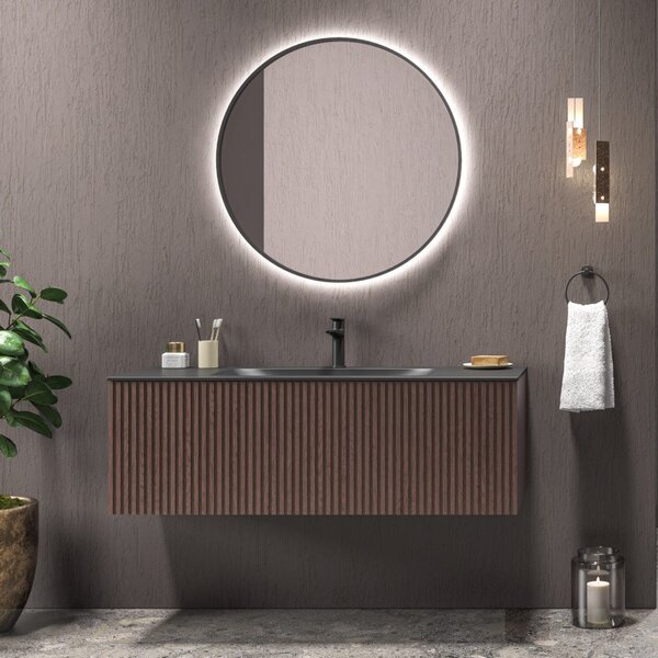Mobile bagno sospeso 120cm rovere effetto cannettato con lavabo nero KDS-120L - KAMALU