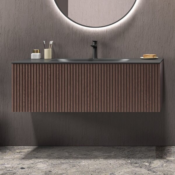 Mobile bagno sospeso 120cm rovere effetto cannettato con lavabo nero KDS-120L - KAMALU