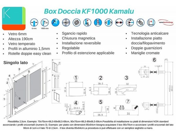 Kamalu box doccia 3 lati 70x120x70 vetro opaco apertura doppio scorrevole kf1000