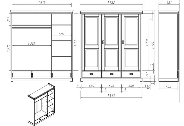 Armadio legno massello shabby bianco 3 ante cassettiera integrata