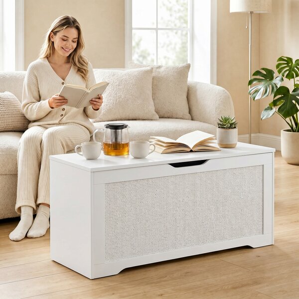 HOMCOM Baule contenitore 136 L con pannello in rattan e coperchio, 100x40x45 cm, Bianco | Aosom Italy