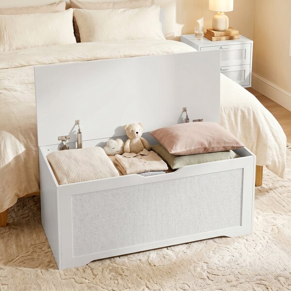HOMCOM Baule contenitore 136 L con pannello in rattan e coperchio, 100x40x45 cm, Bianco | Aosom Italy