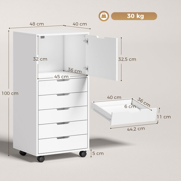 HOMCOM Cassettiera da ufficio con 5 cassetti, ruote e supporto stampante, Bianco | Aosom Italy