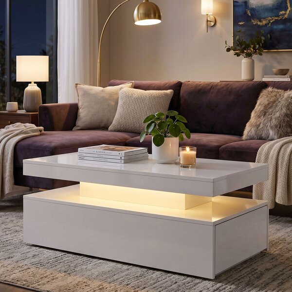 HOMCOM Tavolino LED moderno con 2 cassetti e spazio contenitivo, Bianco lucido | Aosom Italy