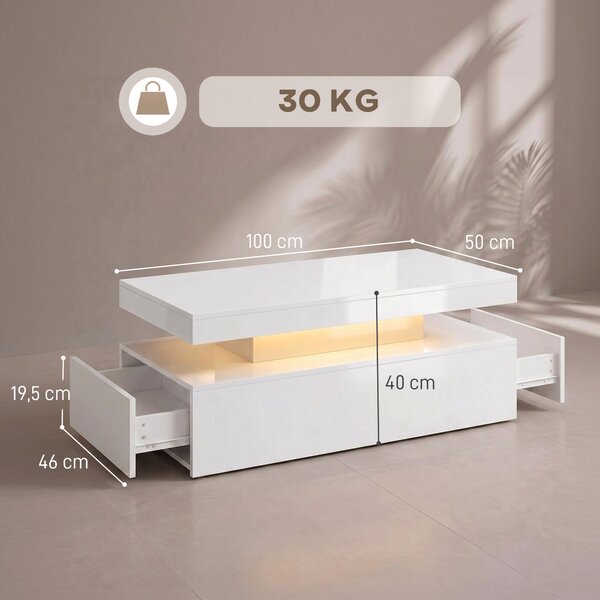 HOMCOM Tavolino LED moderno con 2 cassetti e spazio contenitivo, Bianco lucido | Aosom Italy