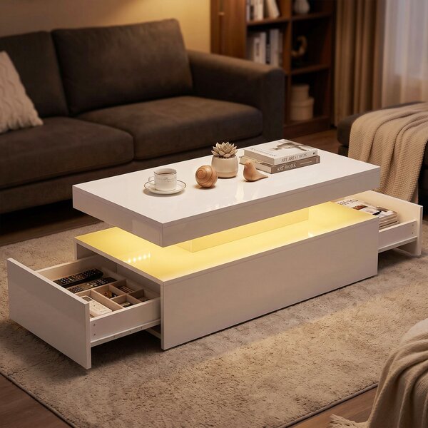 HOMCOM Tavolino LED moderno con 2 cassetti e spazio contenitivo, Bianco lucido | Aosom Italy