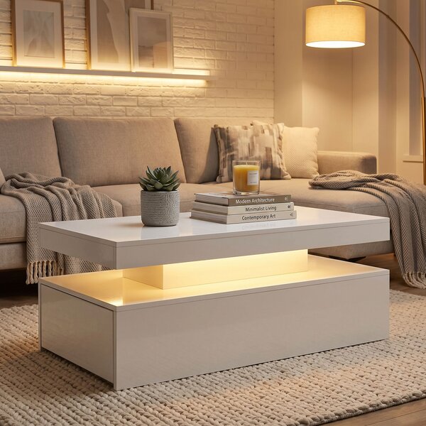 HOMCOM Tavolino LED moderno con 2 cassetti e spazio contenitivo, Bianco lucido | Aosom Italy