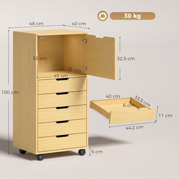 HOMCOM Cassettiera da ufficio con 5 cassetti, ruote e supporto stampante, Legno | Aosom Italy