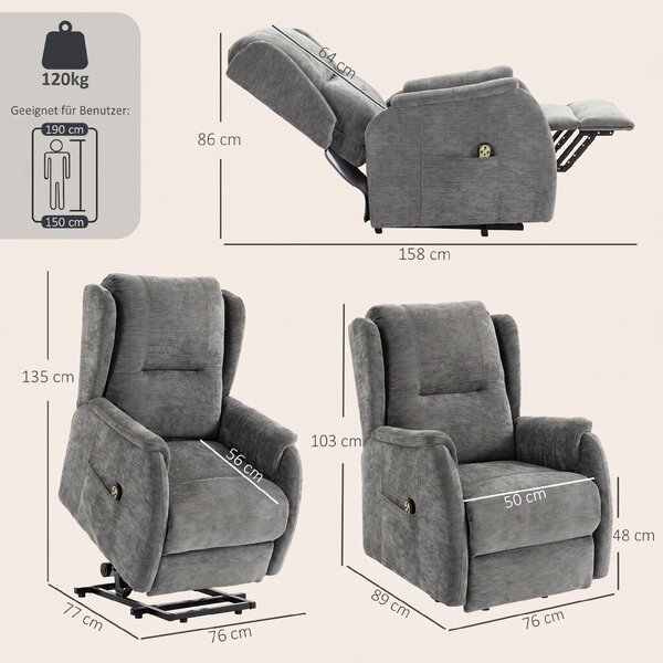 HOMCOM Poltrona relax alzapersona con telecomando e tasche laterali, Grigio scuro | Aosom Italy