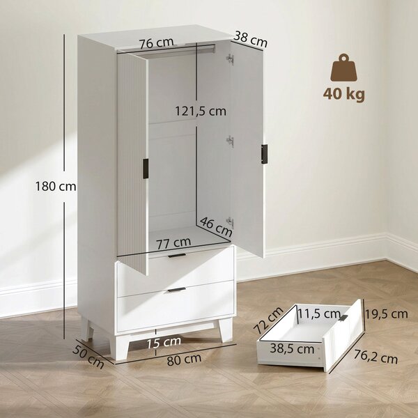 HOMCOM Armadio per camera con 2 ante soft-close, 2 cassetti e barra, 80x50x180 cm, Bianco | Aosom Italy