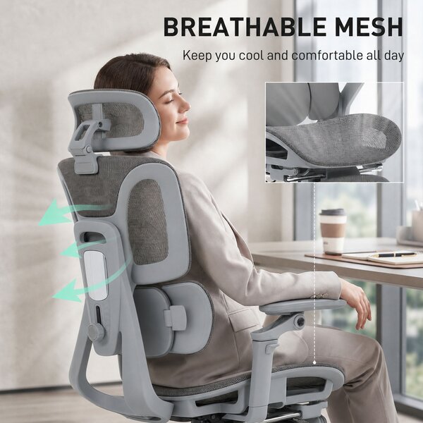 HOMCOM Sedia da ufficio ergonomica con poggiatesta, seduta regolabile in profondità, Grigio | Aosom Italy