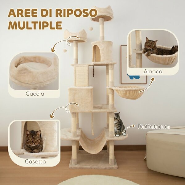 PawHut Tiragraffi alto 206 cm con casette, ceste, amache e pali, Beige | Aosom Italy