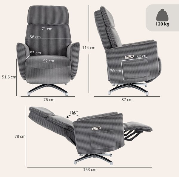 HOMCOM Poltrona relax elettrica con funzione letto, girevole con 2 motori e USB, Grigio | Aosom Italy