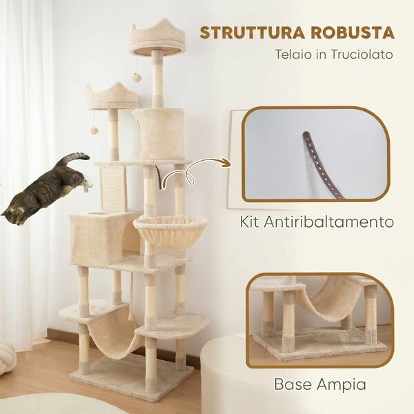 PawHut Tiragraffi alto 206 cm con casette, ceste, amache e pali, Beige | Aosom Italy