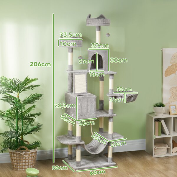 PawHut Tiragraffi alto 206 cm con casette, ceste, amache e pali, Grigio chiaro | Aosom Italy
