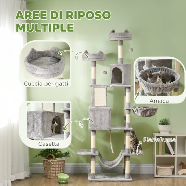 PawHut Tiragraffi alto 206 cm con casette, ceste, amache e pali, Grigio chiaro | Aosom Italy