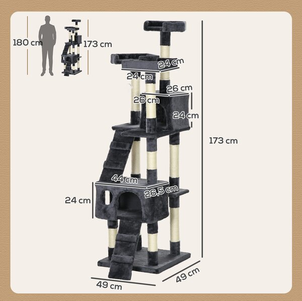 PawHut Albero tiragraffi 173 cm con tana, piattaforma e pali in sisal, Grigio scuro | Aosom Italy