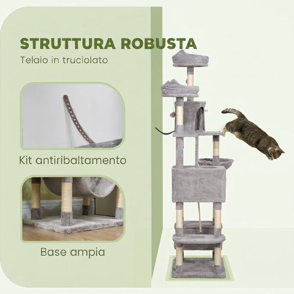 PawHut Tiragraffi alto 206 cm con casette, ceste, amache e pali, Grigio chiaro | Aosom Italy