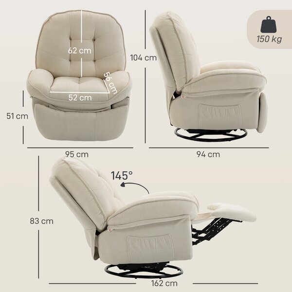 HOMCOM Poltrona relax in chenille girevole e oscillante, Bianco crema | Aosom Italy