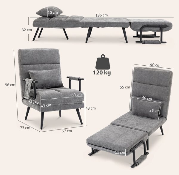 HOMCOM Poltrona letto 3 in 1 pieghevole in chenille con schienale click-clack, Grigio | Aosom Italy