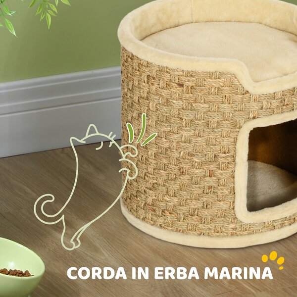 PawHut Albero tiragraffi 37 cm a 2 livelli con nicchia e sisal, Cachi | Aosom Italy