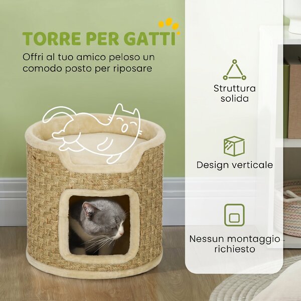 PawHut Albero tiragraffi 37 cm a 2 livelli con nicchia e sisal, Cachi | Aosom Italy