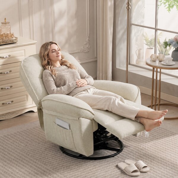 HOMCOM Poltrona relax in chenille girevole e oscillante, Bianco crema | Aosom Italy