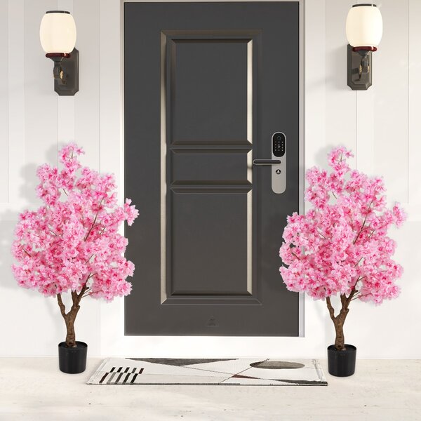 Costway Albero in fiore finto con fiori rosa tronco PE multiramo e base riempita di cemento, Albero di ciliegio artificiale da 118 cm Rosa