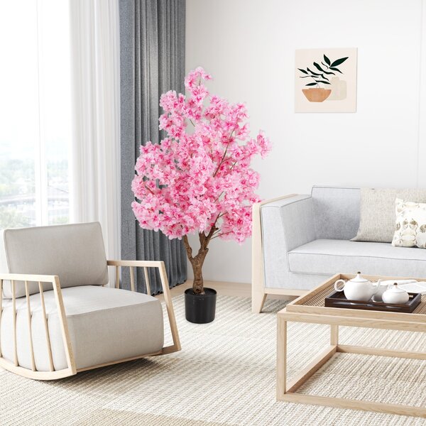 Costway Albero in fiore finto con fiori rosa tronco PE multiramo e base riempita di cemento, Albero di ciliegio artificiale da 118 cm Rosa