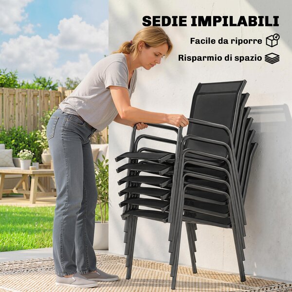 Outsunny Set da Esterno 7pz in Acciaio con 6 Sedie Impilabili in Texteline e Tavolino da Caffè con Piano in Vetro, Nero | Aosom Italy