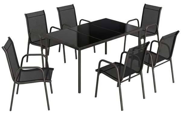 Outsunny Set da Esterno 7pz in Acciaio con 6 Sedie Impilabili in Texteline e Tavolino da Caffè con Piano in Vetro, Nero | Aosom Italy