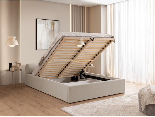 Letto matrimoniale imbottito beige con contenitore con rete inclusa 180x200 cm Cille – Ropez