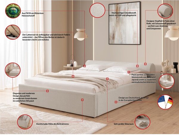 Letto matrimoniale imbottito beige con contenitore con rete inclusa 180x200 cm Cille – Ropez