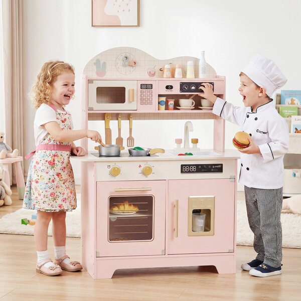 Costway Set cucina per bambini in legno con 17 accessori e fornello realistico, Cucina giocattolo per bambini 3+ anni Rosa