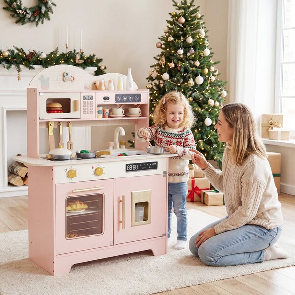 Costway Set cucina per bambini in legno con 17 accessori e fornello realistico, Cucina giocattolo per bambini 3+ anni Rosa