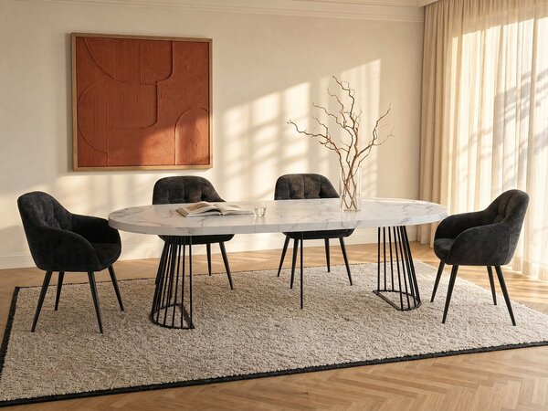Tavolo da pranzo allungabile da 2 a 12 coperti in MDF e Acciaio Effetto marmo Bianco e Nero - FIRELA
