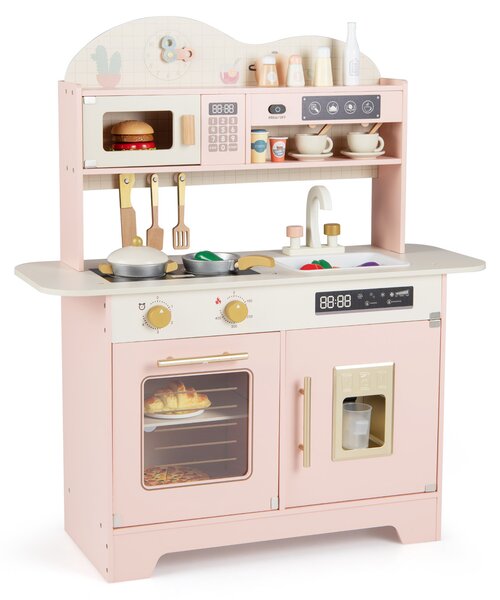 Costway Set cucina per bambini in legno con 17 accessori e fornello realistico, Cucina giocattolo per bambini 3+ anni Rosa