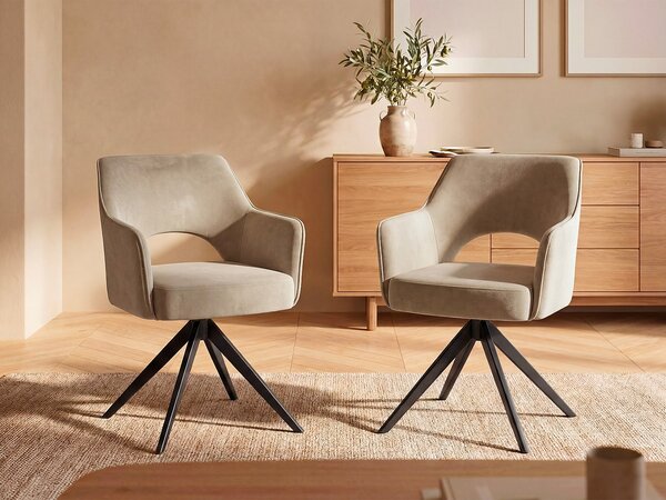 Sedia girevole con braccioli in Velluto e Metallo Nero Beige - Lotto di 2 - KONYA