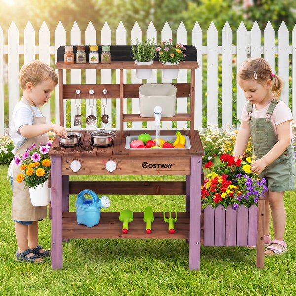 Costway Cucina giocattolo per bambini con fioriera rubinetto serbatoio pentole e manopole girevoli, Cucina da fango interattiva con accessori per bambini 3+ anni