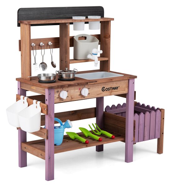 Costway Cucina giocattolo per bambini con fioriera rubinetto serbatoio pentole e manopole girevoli, Cucina da fango interattiva con accessori per bambini 3+ anni