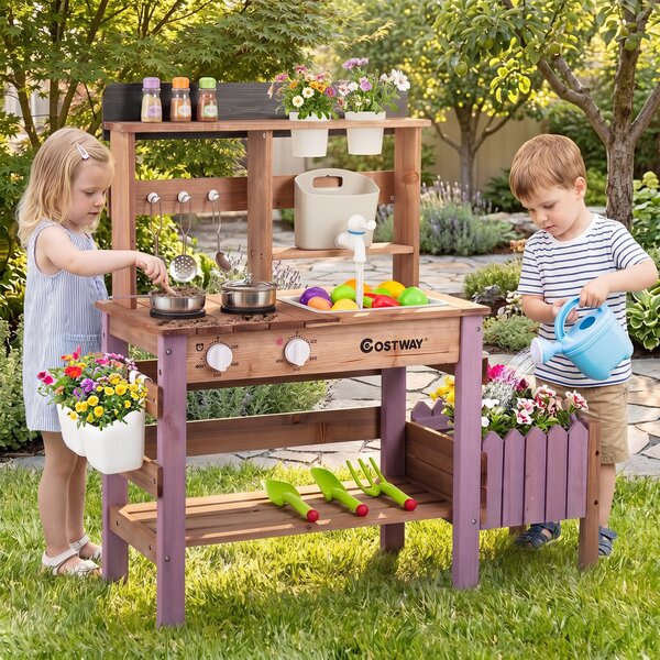 Costway Cucina giocattolo per bambini con fioriera rubinetto serbatoio pentole e manopole girevoli, Cucina da fango interattiva con accessori per bambini 3+ anni