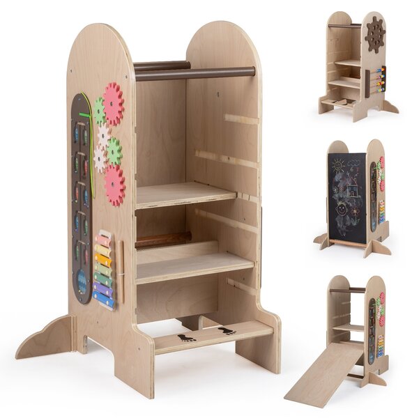 Costway Torre montessoriana per bambini con 5 in 1 scala regolabile in altezza in legno, Sgabello a scaletta lavagna scivolo sgabello e giochi